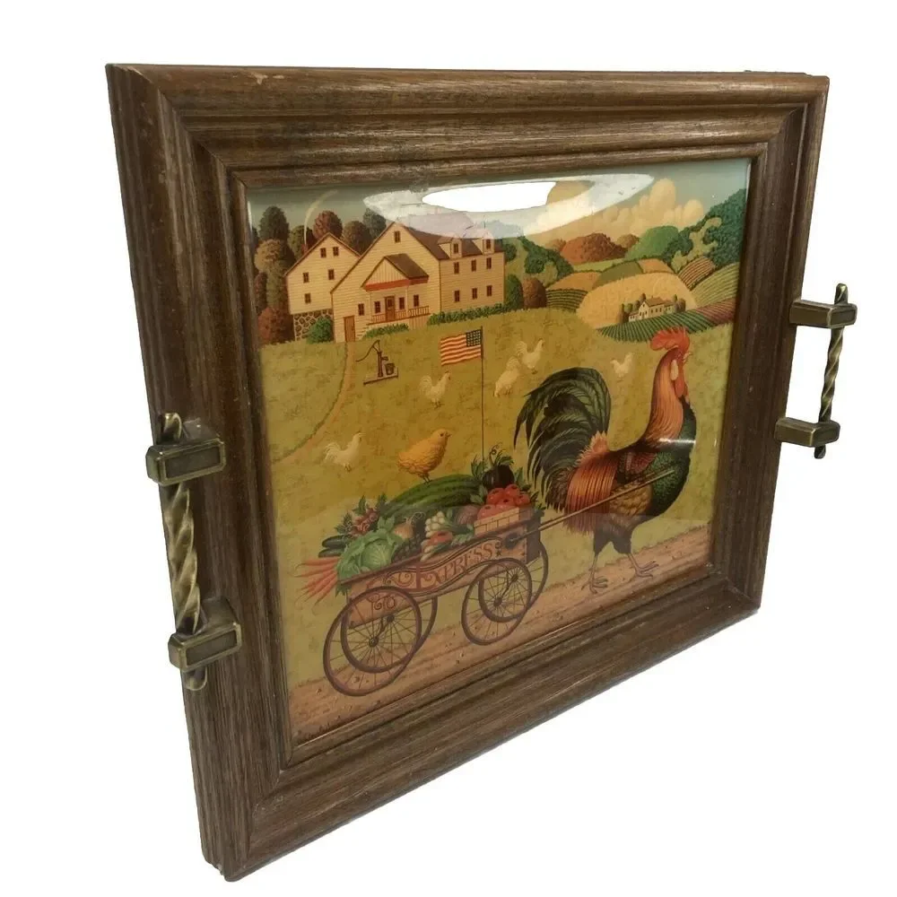 VTG Charles Wysocki Rooster Express Wood Lacquered Service Tray Wall Art Cottage